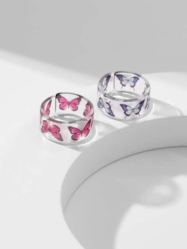 Shein - Butterfly Graphic Open Ring 2 Pcs - Bustangi