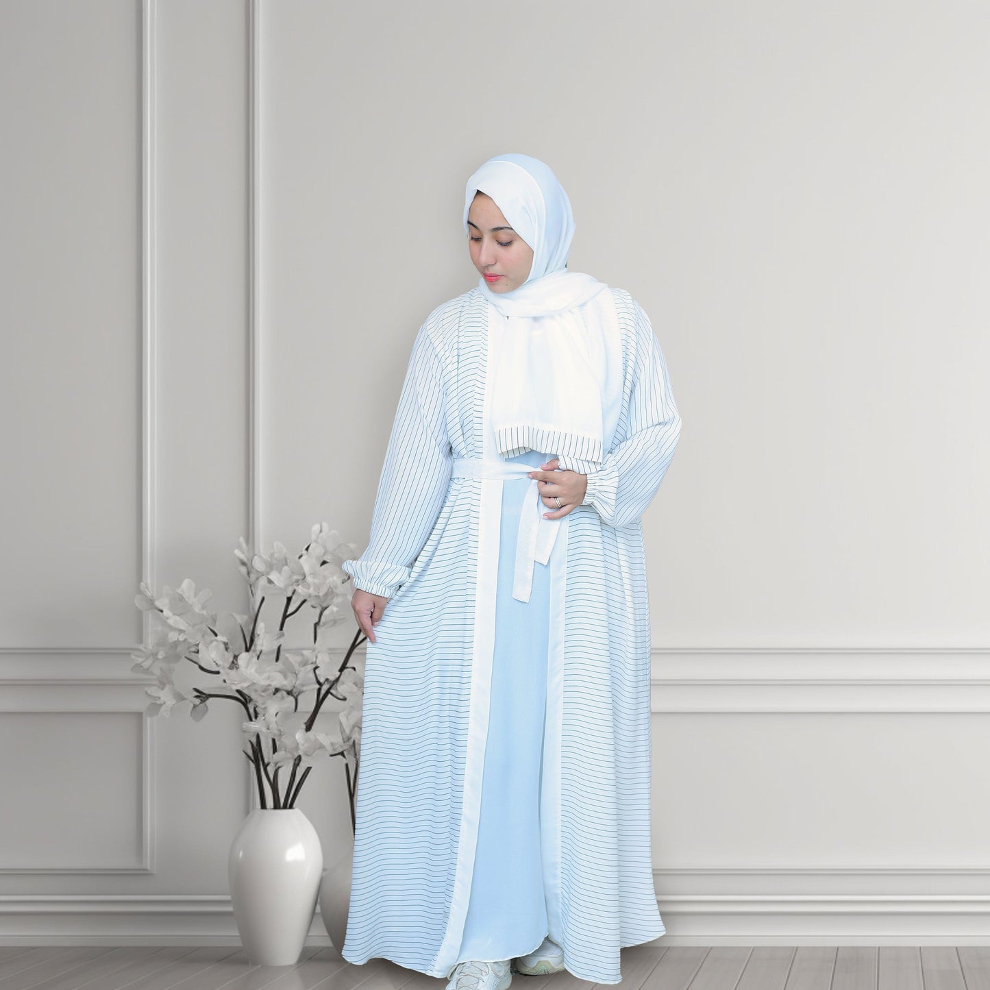 White Line Front Open Abaya