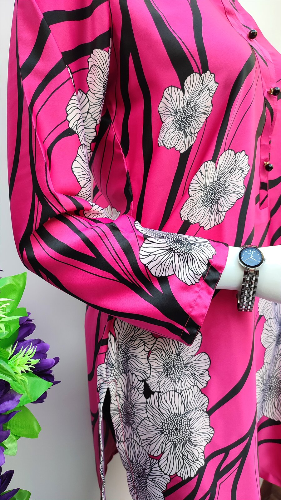 Hot Pink Printed Silk Kurti - Bustangi