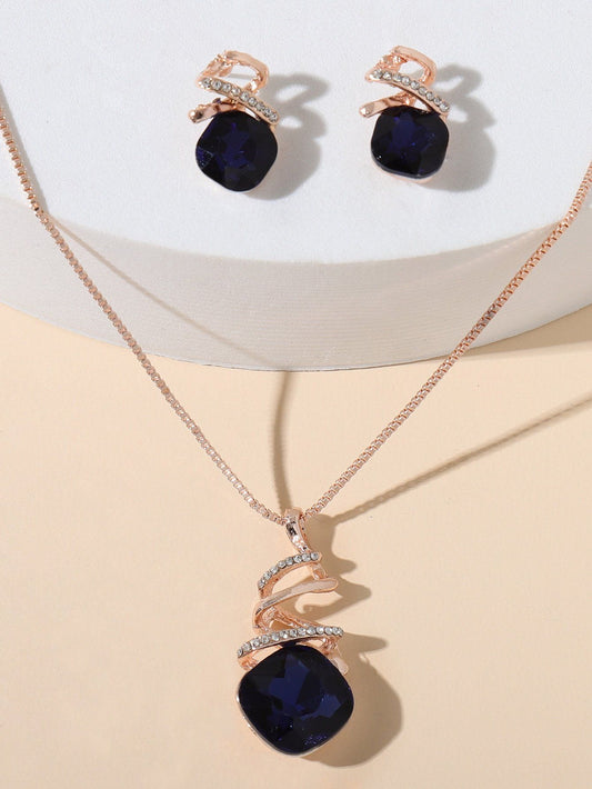 Shein- 1pc Rhinestone Decor Necklace & 1pair Stud Earrings - Bustangi