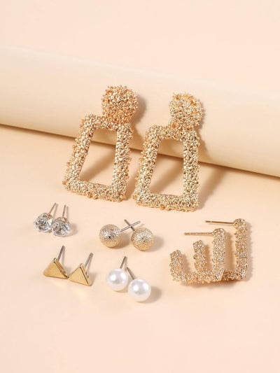 Shein- 6pairs Rhinestone Detail Geo Earrings - Bustangi