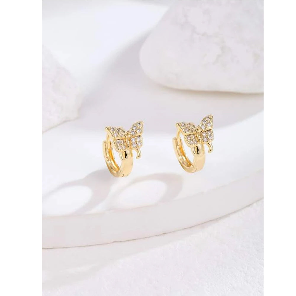 Shein - 16K Gold Plated Zircon Butterfly Decor Hoop Earrings - Bustangi