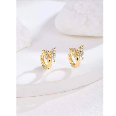 Shein - 16K Gold Plated Zircon Butterfly Decor Hoop Earrings - Bustangi