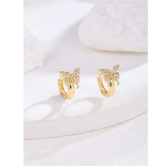 Shein - 16K Gold Plated Zircon Butterfly Decor Hoop Earrings - Bustangi
