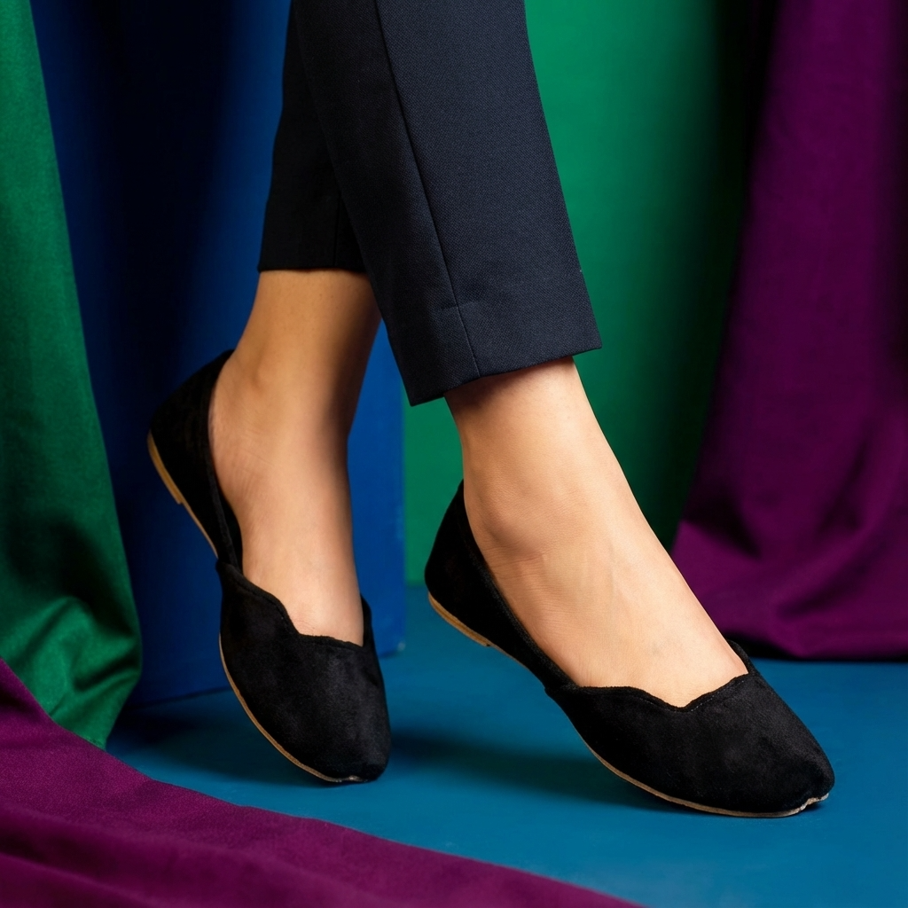 Black flats worn with navy pants against a colorful background