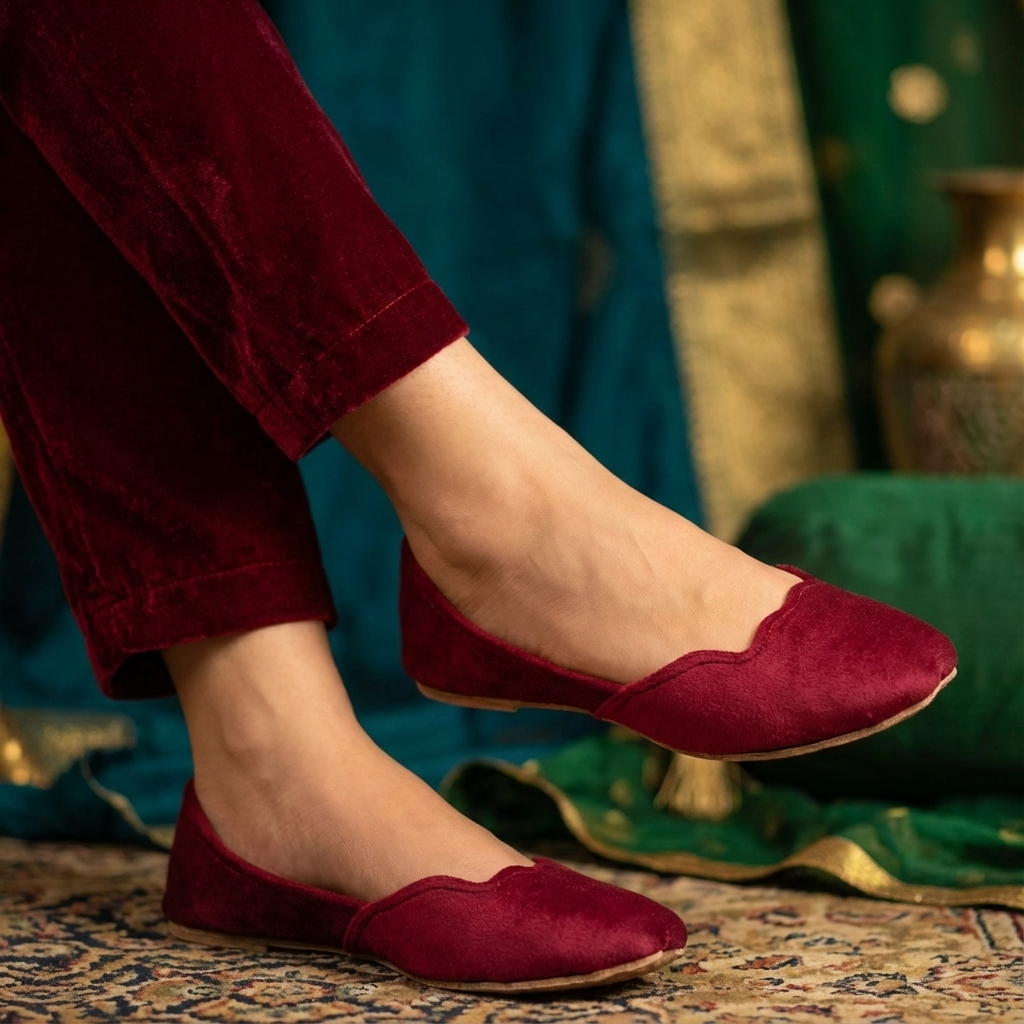 Red Khussa shoes for women worn with maroon pants on a patterned rug.