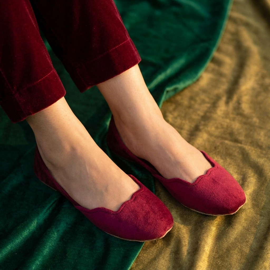 Red Khussa worn with green pants on a textured surface