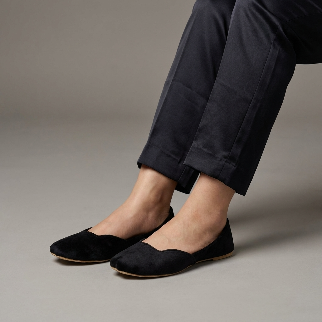 Black Khussa worn with dark pants on a neutral background
