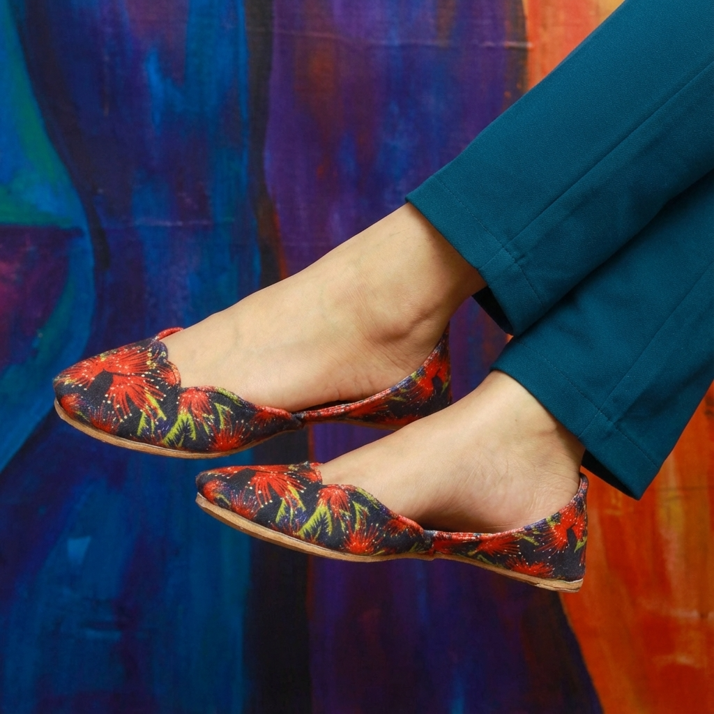 Colorful floral-patterned khussa shoes worn with a blue outfit against a colorful background