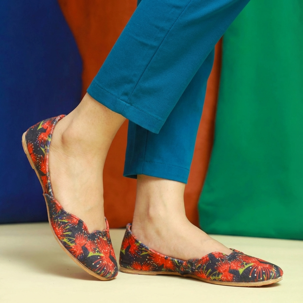 Colorful floral-patterned velvet khussa worn with blue pants against a multicolored background