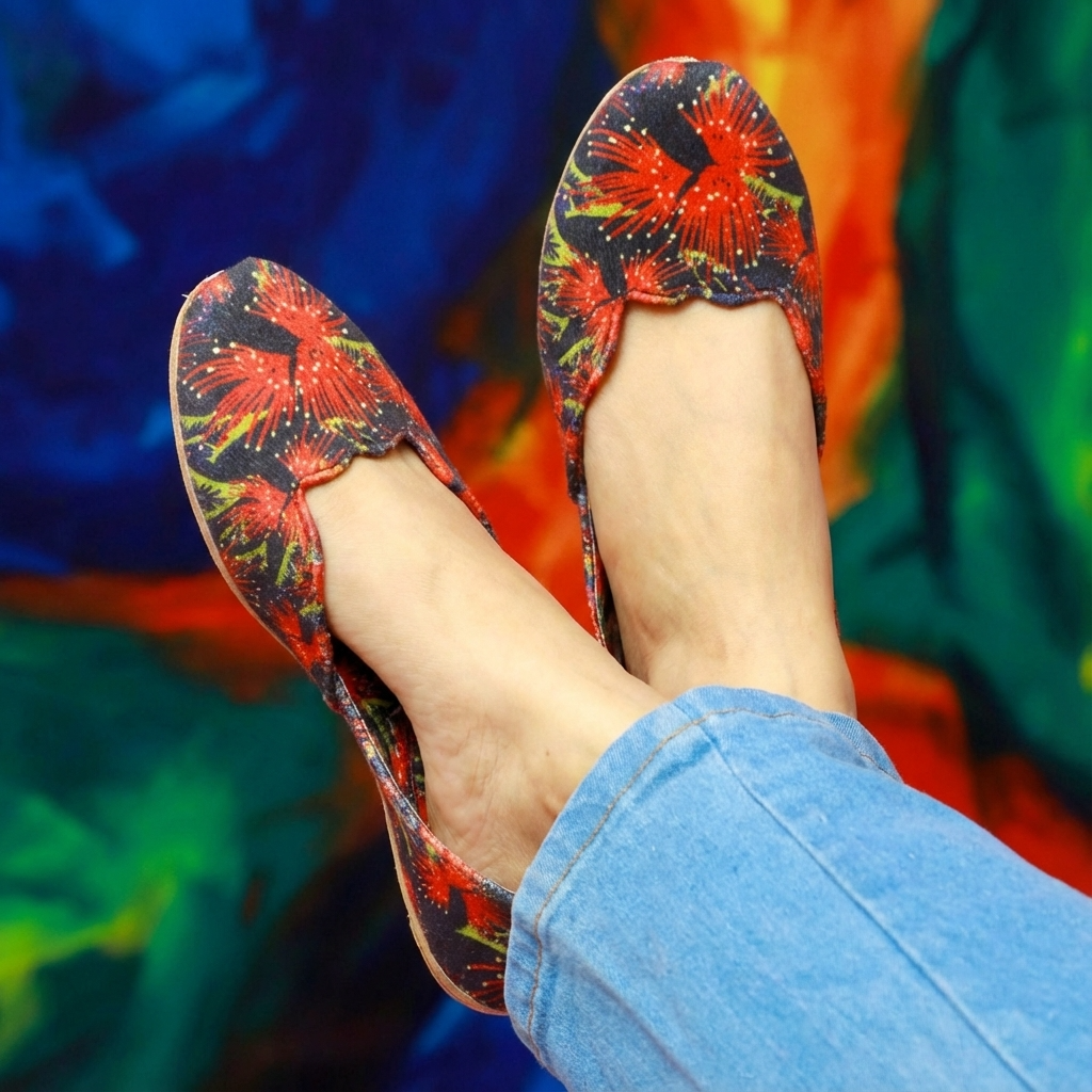 Colorful tie-dye shoes worn with blue jeans against a multicolored background