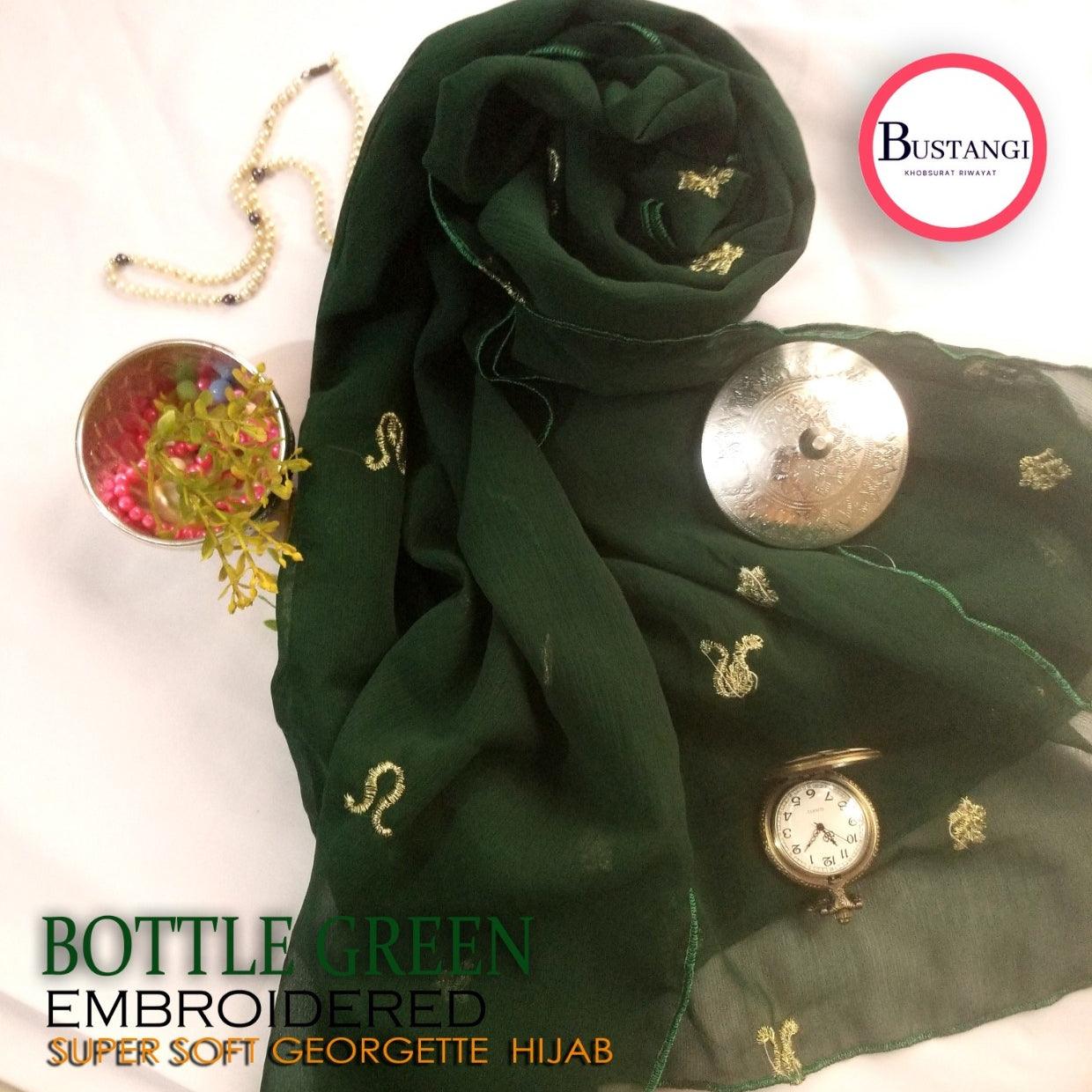 Bottle Green Embroidered Hijab - Bustangi