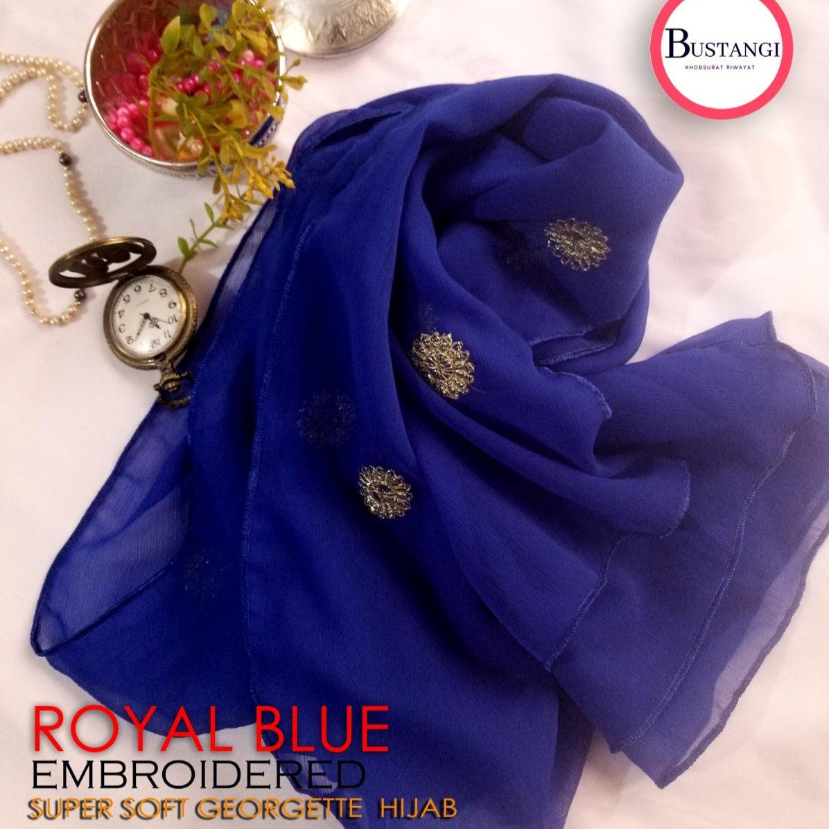 Royal Blue Embroidered Hijab - Bustangi