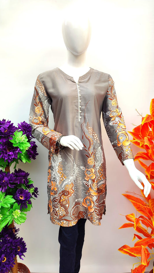 Gray Printed Silk Kurti - Bustangi