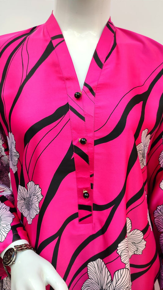 Hot Pink Printed Silk Kurti - Bustangi