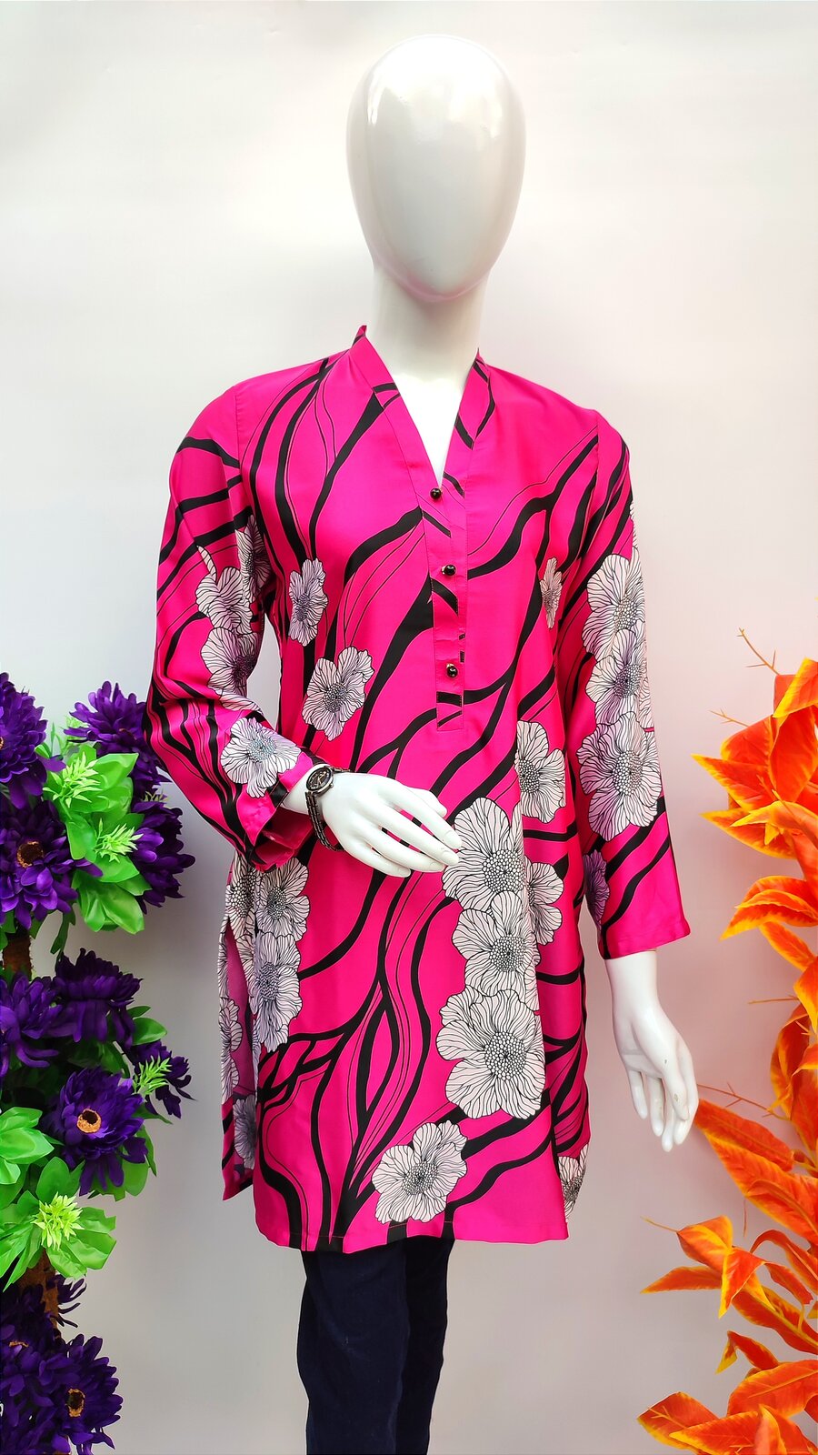 Hot Pink Printed Silk Kurti - Bustangi